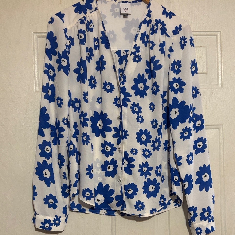 CAbi White and Blue Floral Blouse